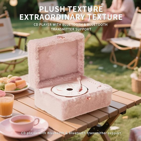 Plush Fuzzy Pink CD Player with Bluetooth, Remote Control