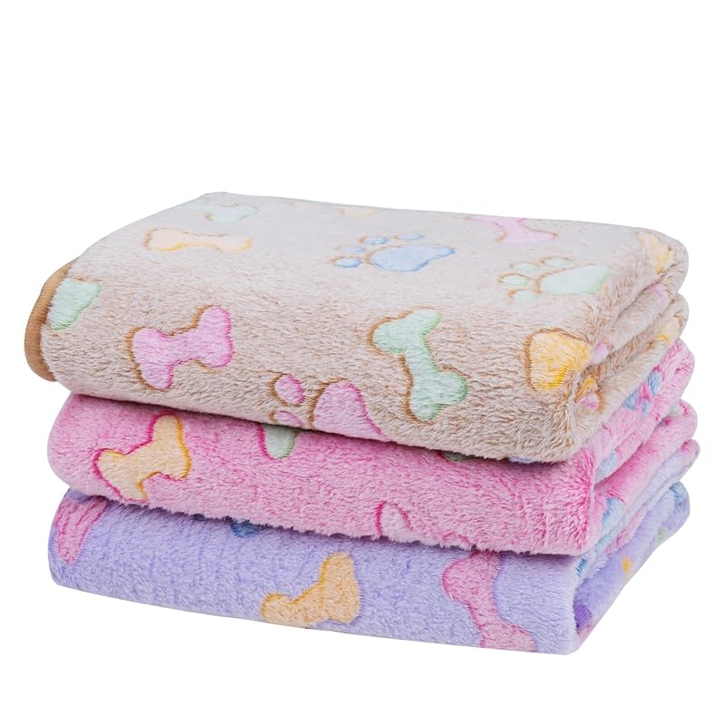 Manta para cães Dono de fleece coral macio com estampa de ossos e patas, Marrom/Rosa/Roxo, Pacote com 3