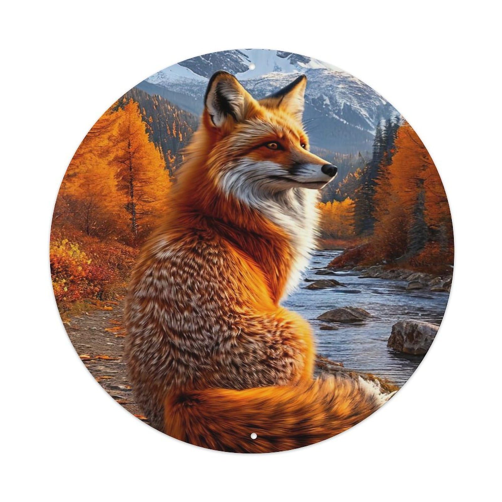 Animal Foxes, Maple Leaves, And Snow-capped Mountains Vintage Metal Tin Sign Plaque Wall Decor for Cafe, Club Bar, Office, Garden Metal Poster 8x8Inch