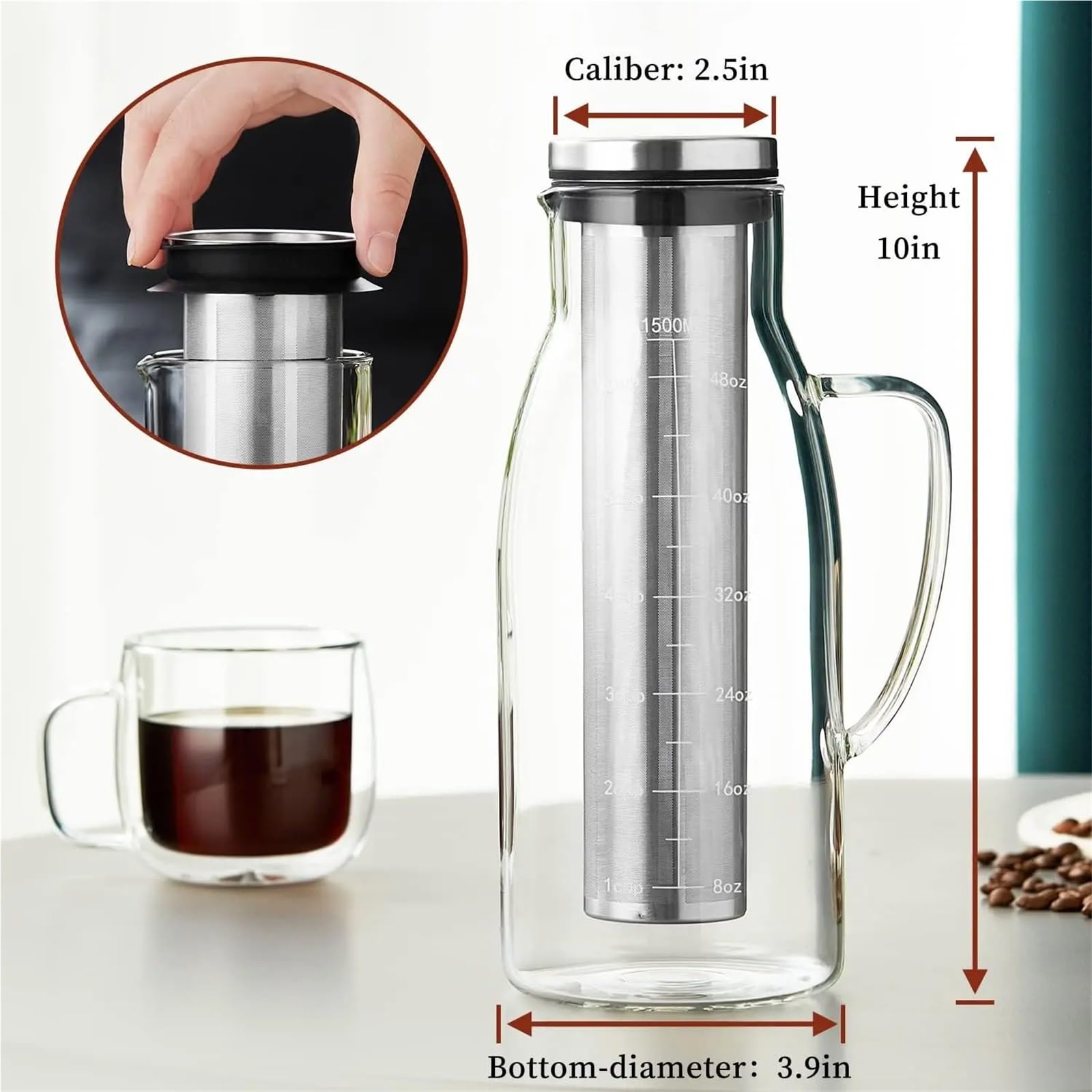 Cold Brew Kaffeekanne 1,5 L Cold Brew Kaffee- Und Teezubereiter Mit Abnehmbarem Edelstahlfilter Und Deckel for Kaffee, Eistee, Fruchtgetränke, Limonade, Kaffeekanne für kaltgebrühten Kaffee
