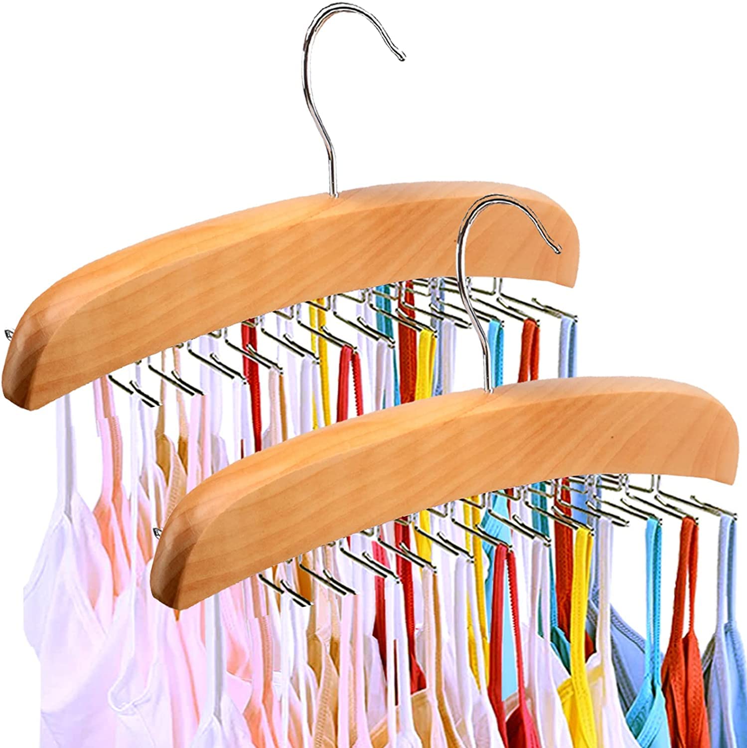 Ekezon Belt Hanger, Tie Holder Space Saving Hangers 24 Hooks Folding Wood Scarf Hangers Organizer Storage Tie Rack Tie Hanger for Tank Tops, Cami, Bathing Suits Clothes Closet Space Savers (2Pack)