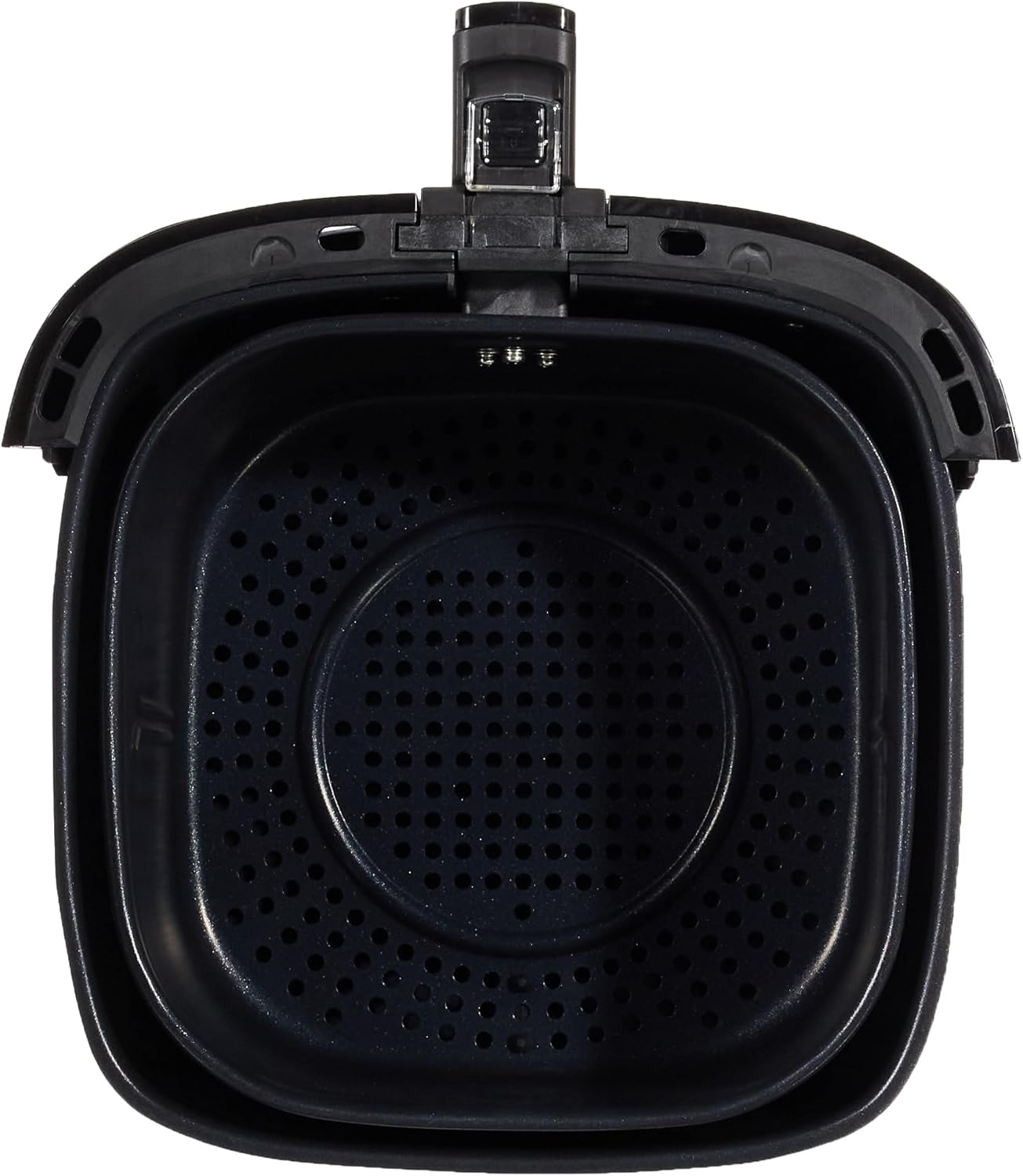 Top-down view of the air fryer basket with crisper plate