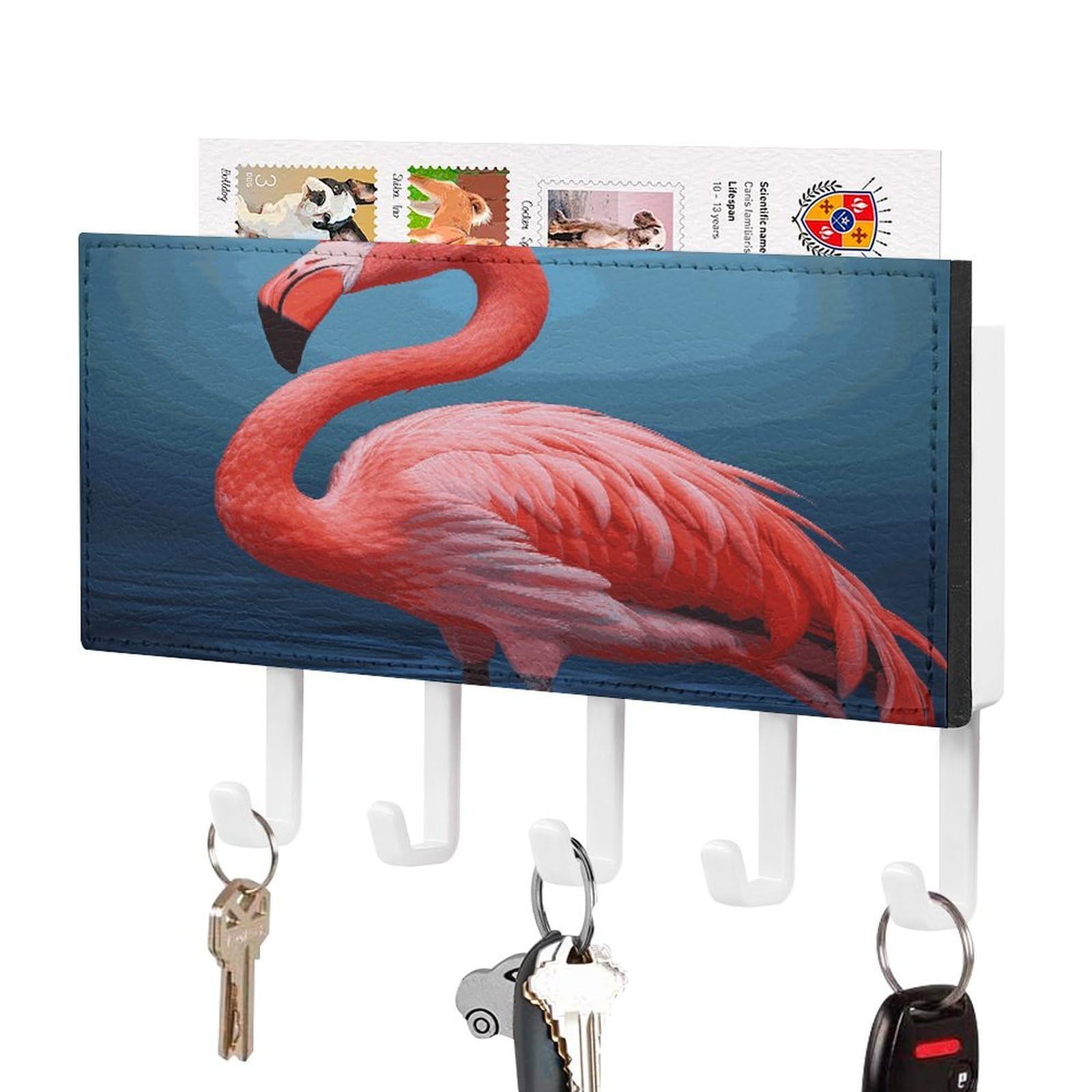Vstadank White-Style Animal Flamingo Key Holder For Wall Mount With 5 Hooks Decorative Key And Mail Holder Farmhouse Wall Hooks With Shelf Pu Leather Key Rack With Mail Holders For Entryway Home