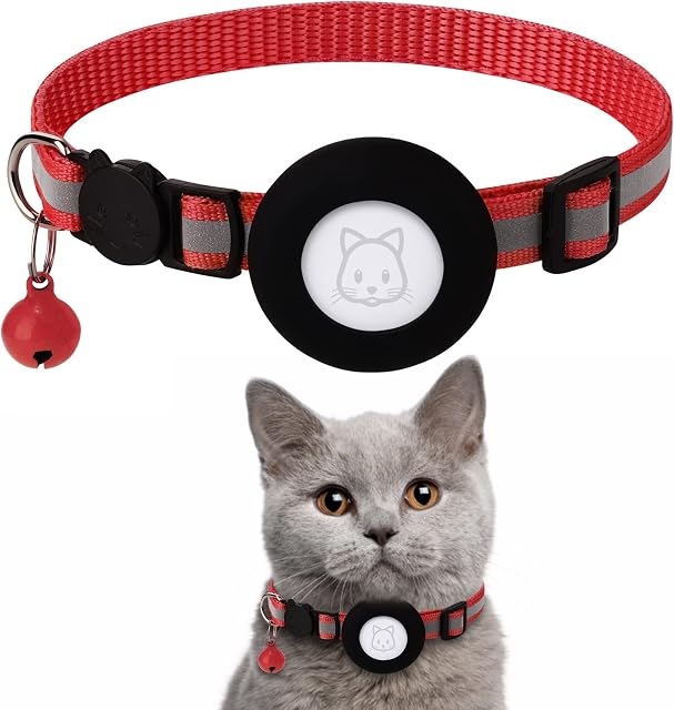 Airtag Cat Collar, Air tag Cat Collar with Bell and Safety Buckle in 3/8" Width, Reflective Collar with Waterproof Airtag Holder Compatible with Apple Airtag for Cat Dog Kitten Puppy (Red)