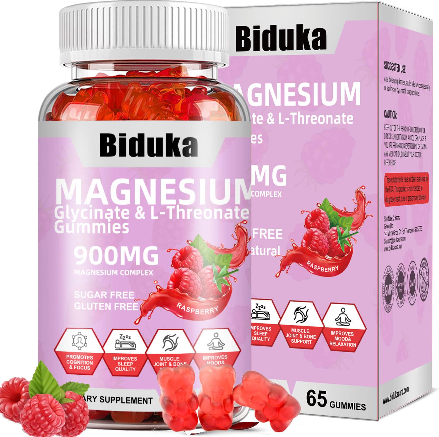 900mg Magnesium Complex 65 Raspberry Gummies, Sugar Free Magnesium Glycinate & L-Threonate Potassium Supplement with Vitamin D, B6, CoQ10 for Relaxation