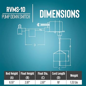 Little Giant RVMS-10 115-Volt Piggyback Vertical Mechanical Pump Down Float Switch for Pumps up to 1/2 HP with 10-ft. Cord, Black, 599261