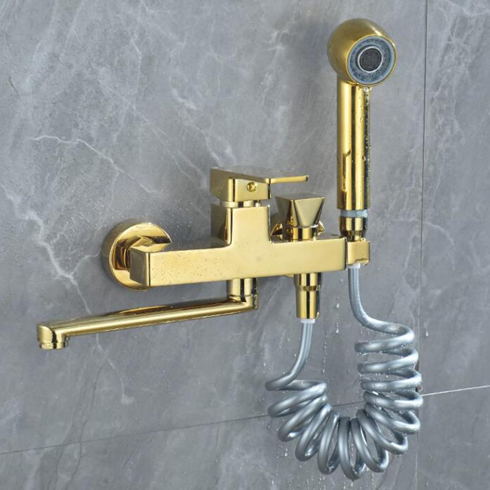 Grifo de Cocina montado en la Pared Grifo de Fregadero Dorado Grifo Giratorio de latón Pistola pulverizadora multifunción Grifo Mezclador de cocina-25 cm