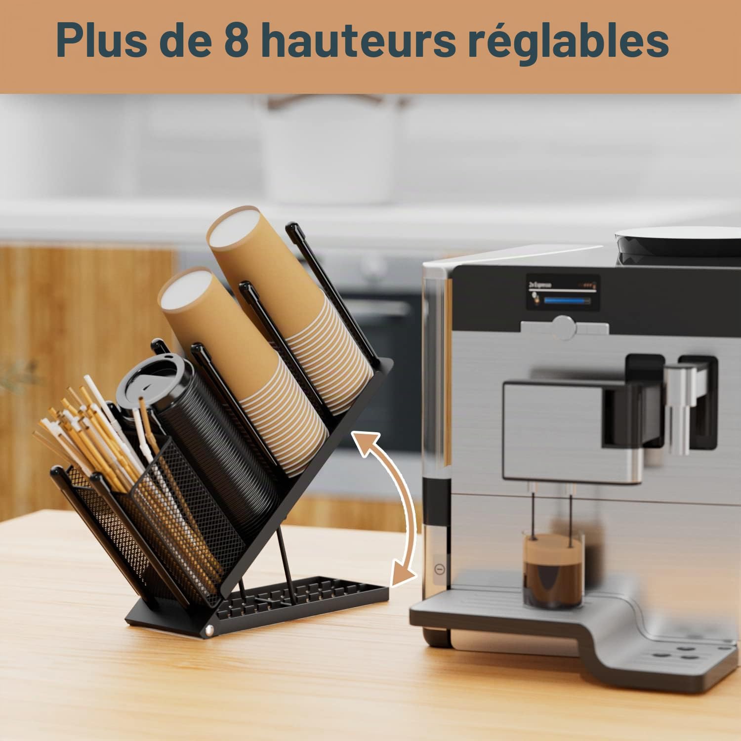 Ovicar Porte-gobelet et couvercle – Porte-gobelet réglable à 4 compartiments jetables avec panier en maille pour rangement de dosettes de café en métal (noir)