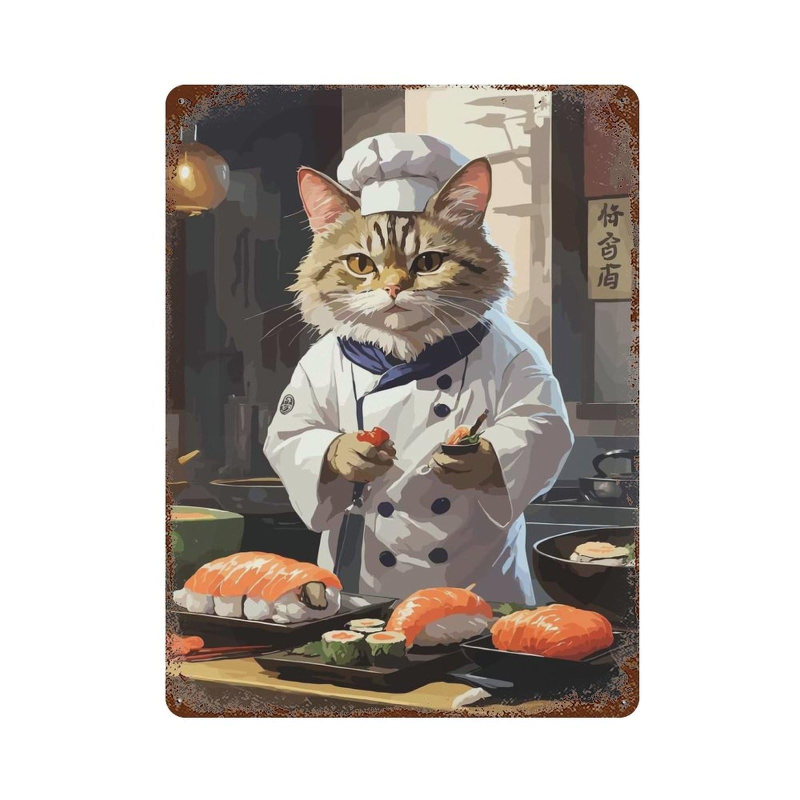 Rustic Tin Plaque with Sushi Cat Chef Japan Design 15.7"x11.8", for Cafe, Home Bar And Lounge Decor, Industrial Home Decor