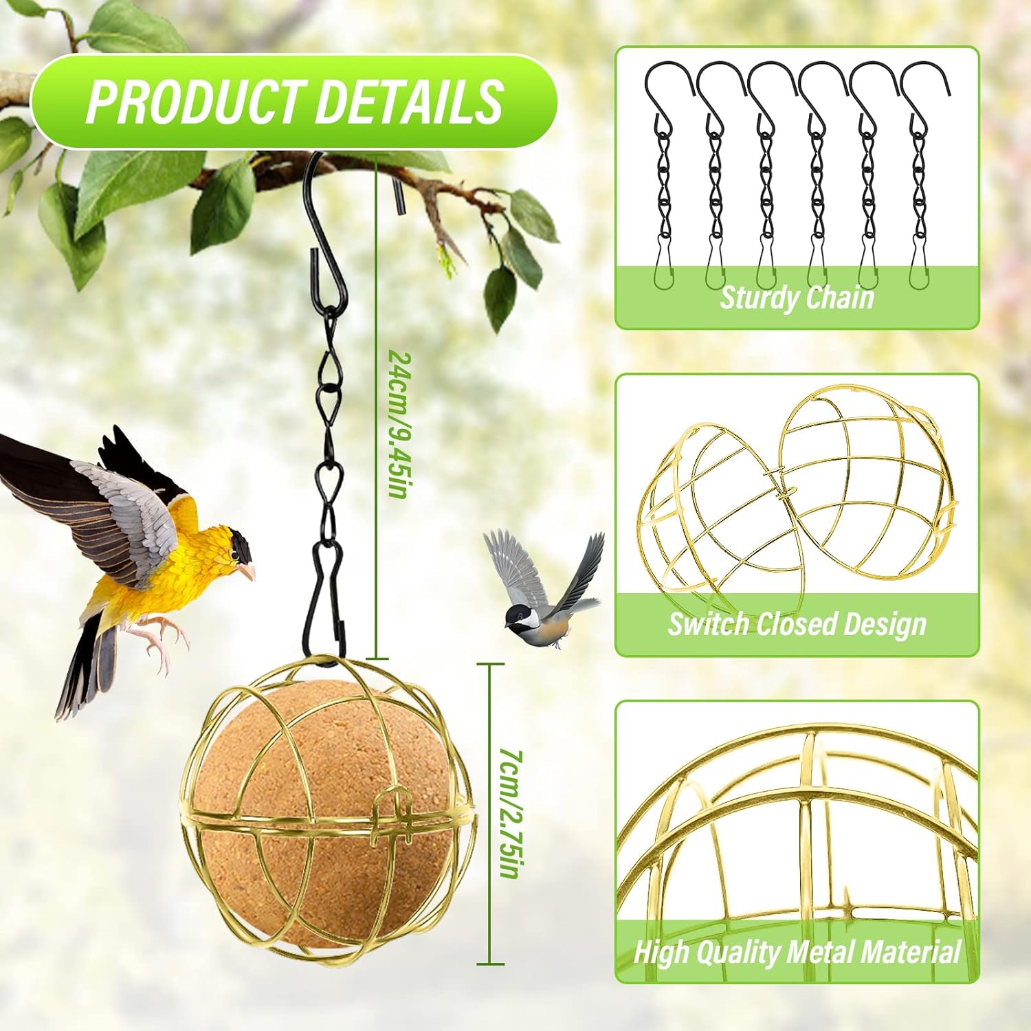Longzhuo 6 Pcs Metal Hummingbird Feeders for Outdoors Hanging - Round Suet Ball Squirrel Proof Bird Feeders, Bird Watching Gifts for Wild Birds Outdoor Garden Window (Gold)