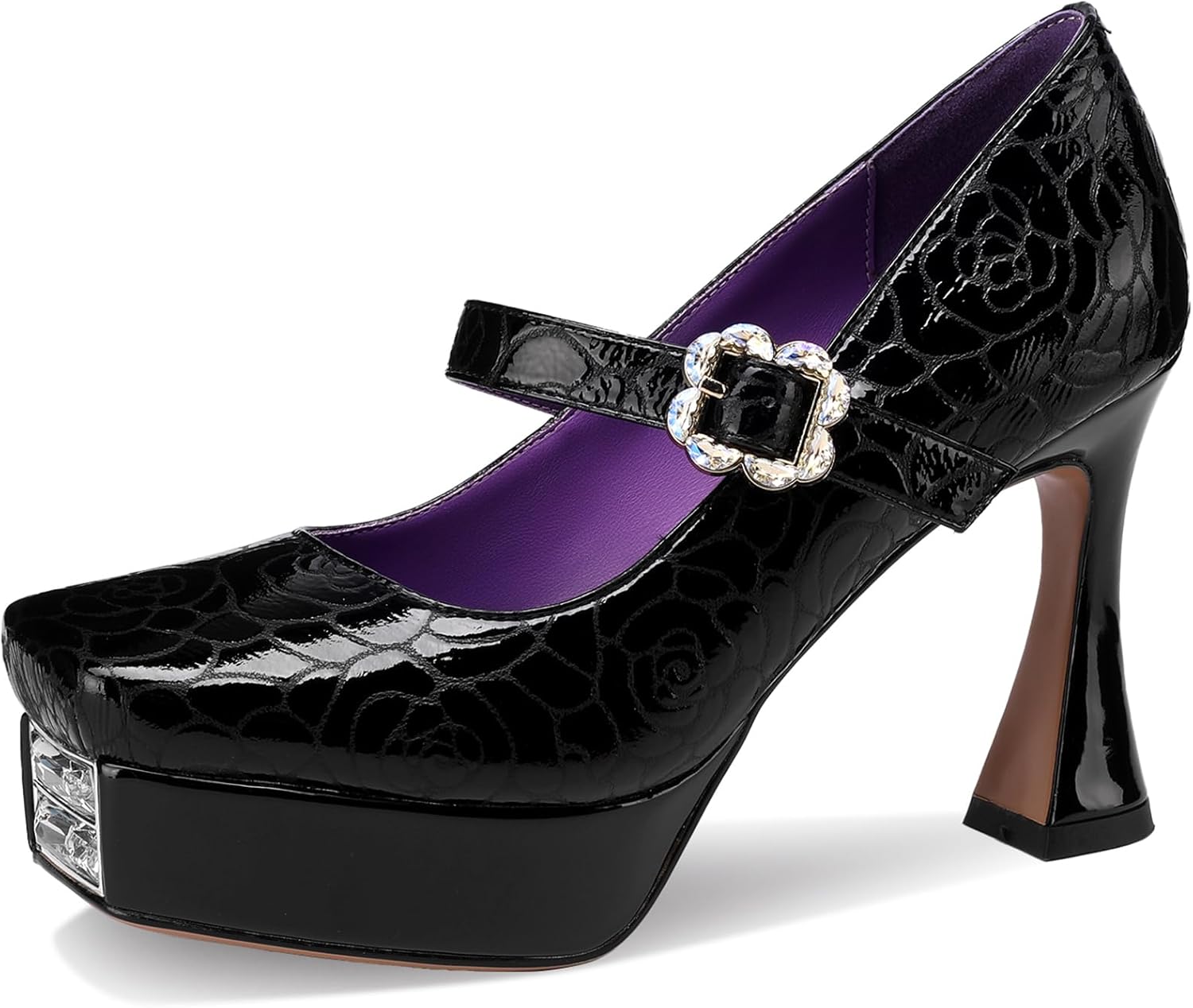 TDD Platform Heels for Women Glitter Crystal Rhinestone Square Toe Closed Toe Chunky Pumps Comfortable Dressy Wedding Elegantes Wide Comfortable Tacones 5 Inch High Heels