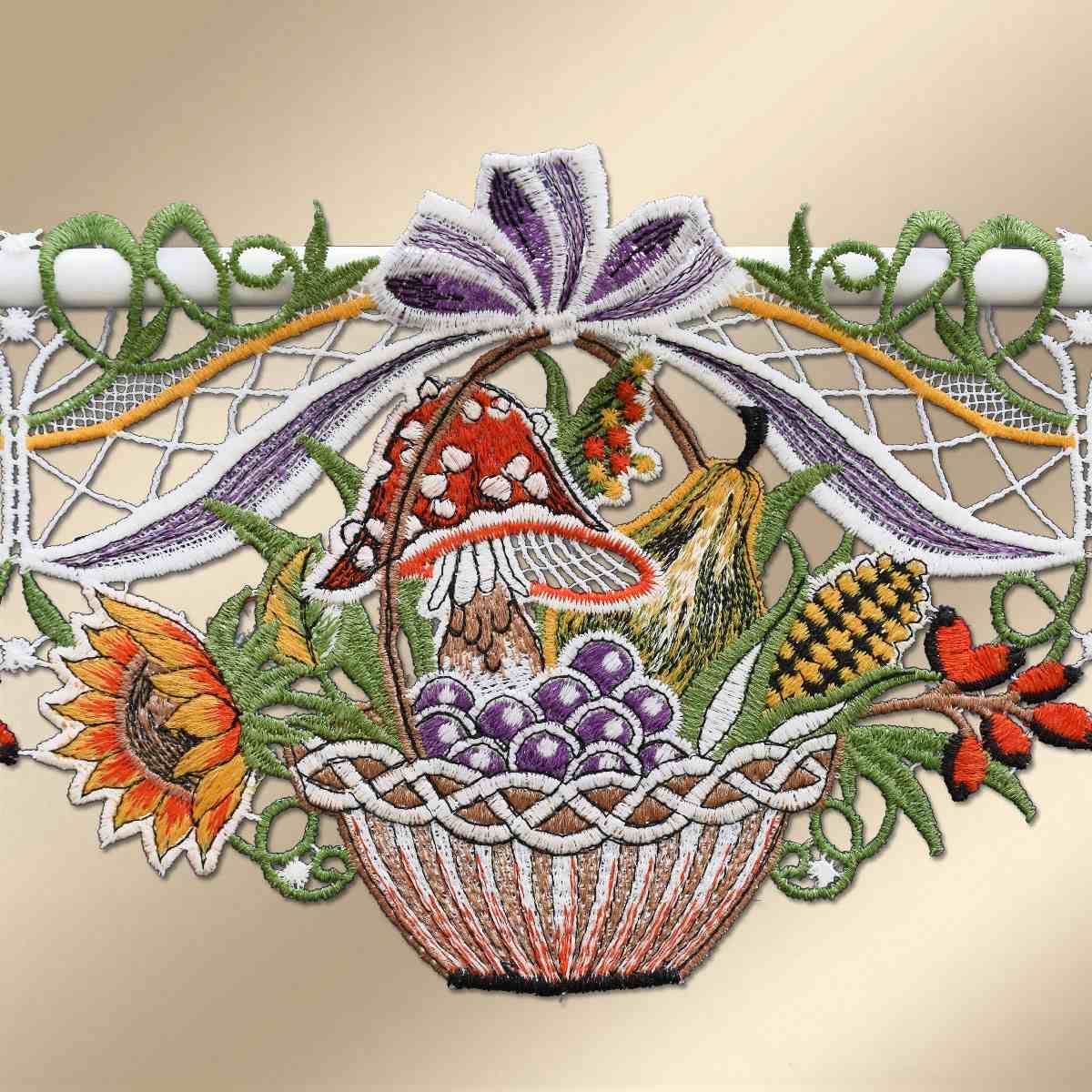 Feenhaus-Spitzengardine Herbst-Körbchen mit Früchten Echter Plauener Spitze Scheibengardine 15 cm hoch