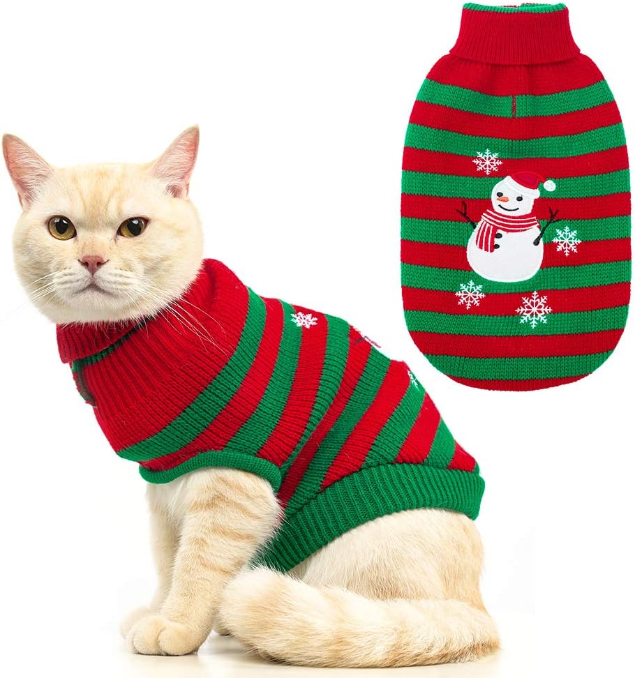 Cat Christmas Sweater - Snow Man Stripes Xmas Cats Holiday Sweaters Soft Knit to Keep Warm in Winter Ugly Sweaters Jumpsuits for Cats Small Dogs Pupp