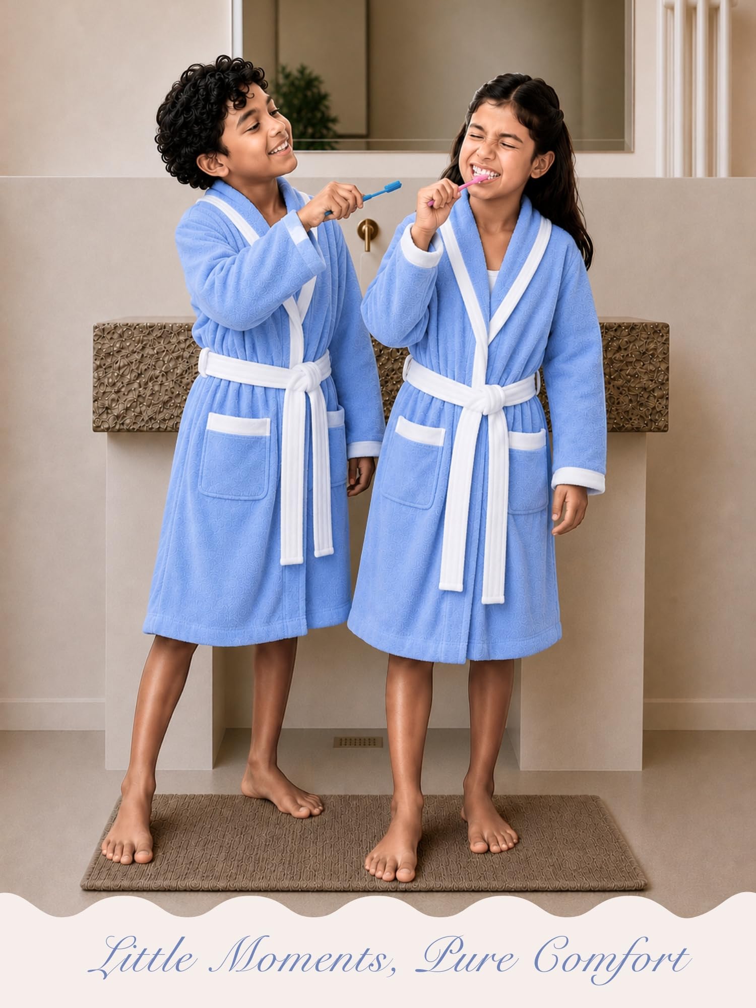 RANGOLI Noble 100% Cotton Terry Kids Bathrobe, 400 GSM, Ultra Soft Plush Hooded Bathrobe for Girls with 2 Pockets and Attached Adjustable Belt | Gown Bathrobe for kids Girls 13-14 Years, Blue 1
