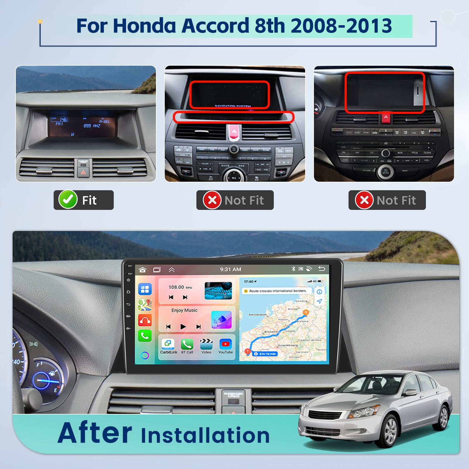 8 Core 4G+64G Inefala for Honda Accord 8th 2008-2012 Android Car Radio Stereo with Wireless Carplay&Android Auto, 10.1 Inch Touchscreen with GPS WiFi FM/RDS BT 32EQ DSP 59UI SWC Backup Camera MIC