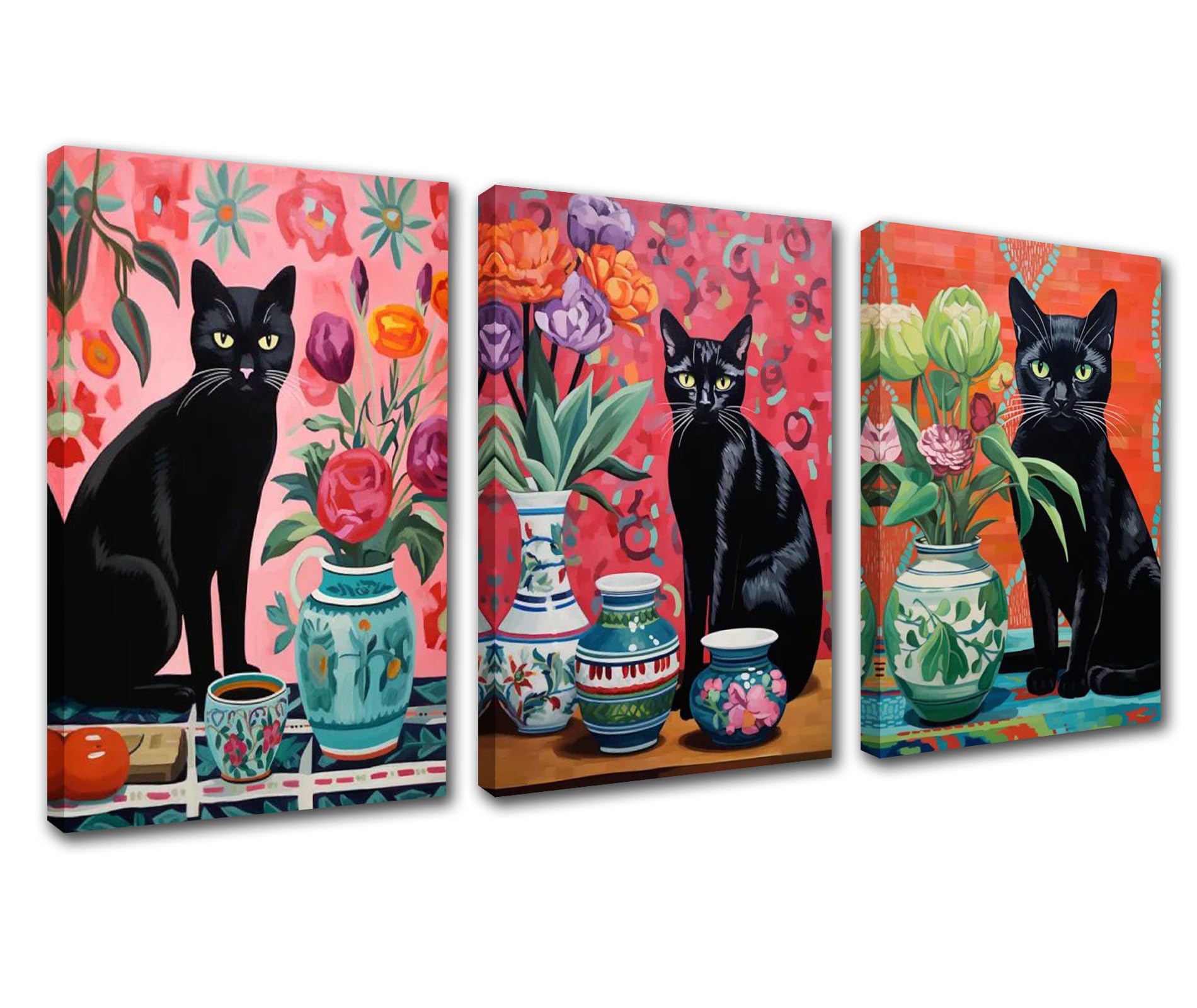 Kitten and Floral Vase Wall Decor Black Cat Cute Colorful Pictures Paintings Abstract Animals Canvas Wall Art Modern Artwork Home Decorations Wooden Framed Ready to Hang 60''Wx28''H โ image 1