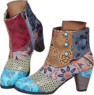 Western Ankle Boots for Women Vintage Ethnic Boho Print Colorful Boot Ch...