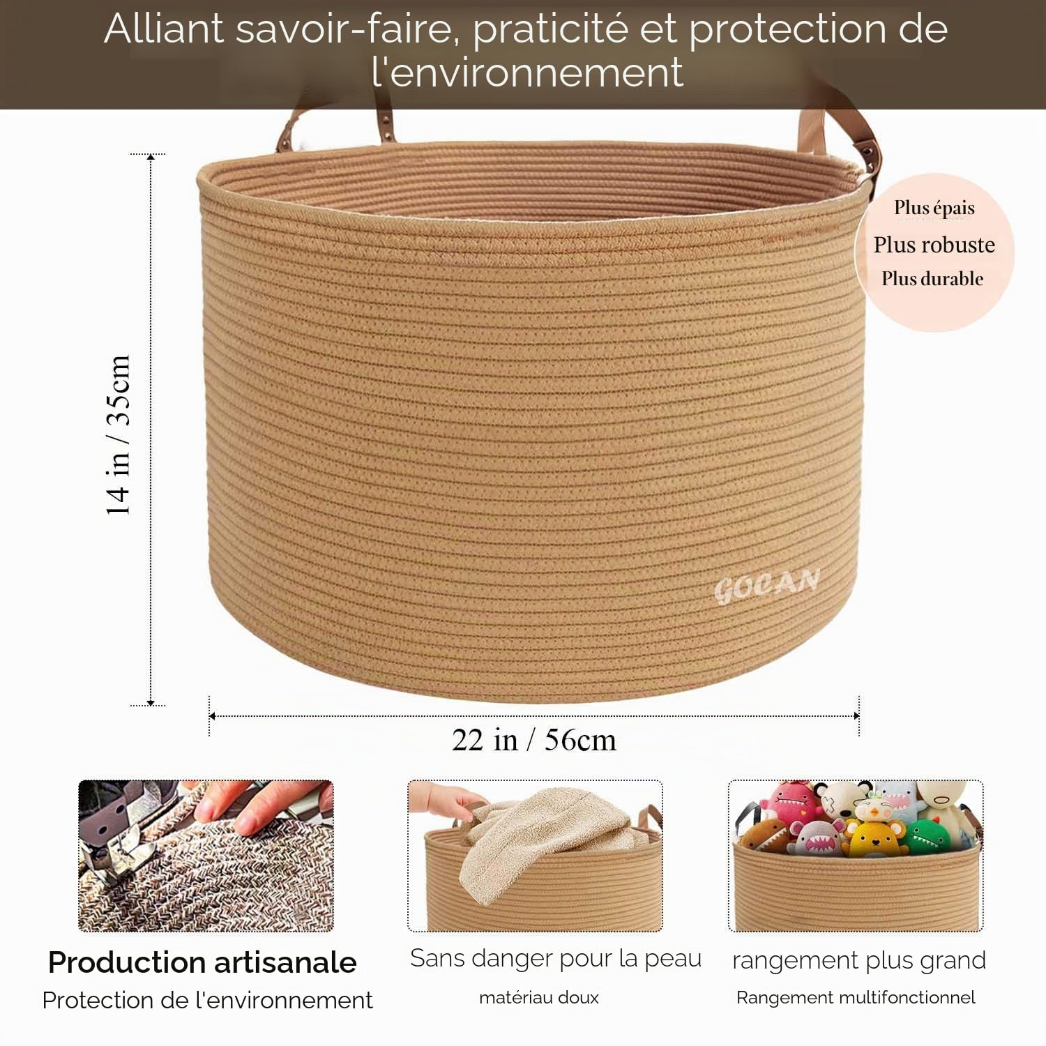 GOCAN Panier à linge extra large, 55,9 x 55,9 x 35,6 cm, en corde de coton, avec poignées, pour couvertures, jouets, salon, XXXL (pure jute)