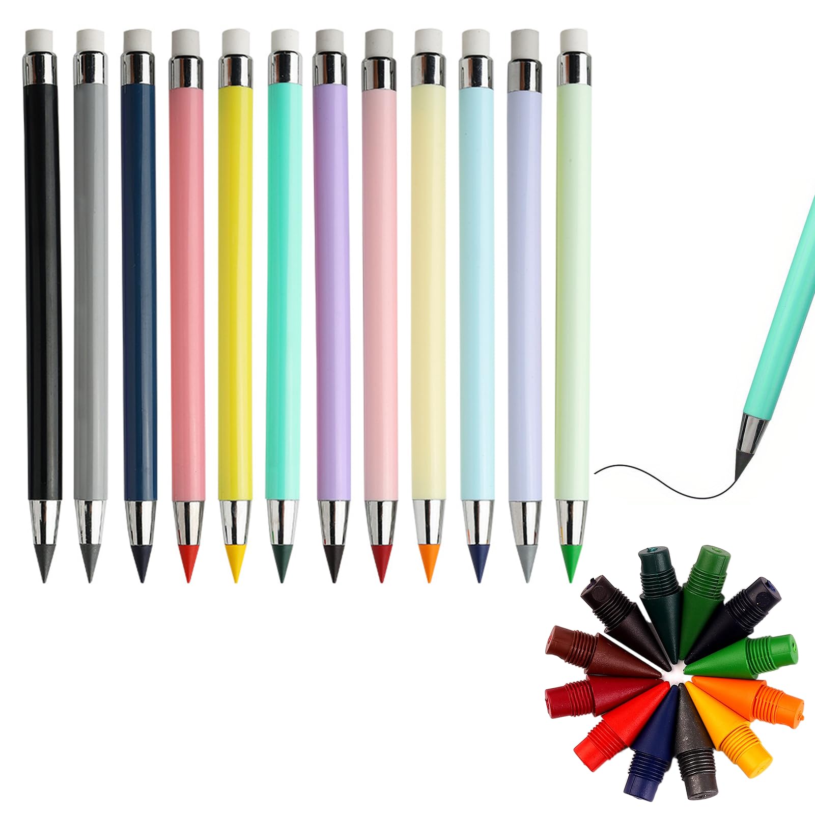 Kit 4 Crayons Réutilisables + 12 Mines - Crayon Papier Portable, Ergonomique, Pour école & Dessin