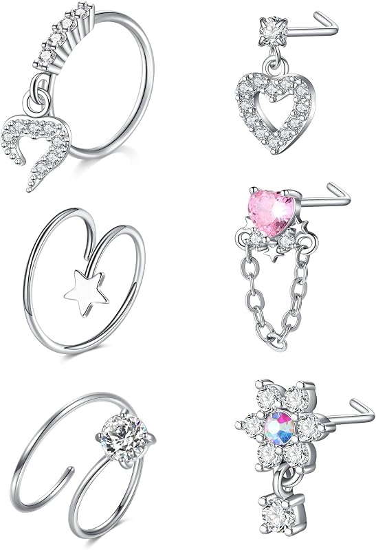 18g 20g 22g Nose Rings Surgical Steel Nose Ring Nose Rings Hoops Studs Diamond Nose Nostril Piercing Jewelry for Women Men Silver Black Gold Rose Gold