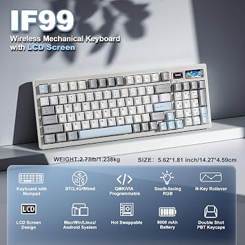 YUNZII IF99 Wireless Mechanical Gaming Keyboard with Smart LCD Display, QMK/VIA Programmable BT/2.4G/USB-C Gasket Mounted Hot Swap RGB 96% Layout for Mac/Win (White, Gateron Zero Switch)
