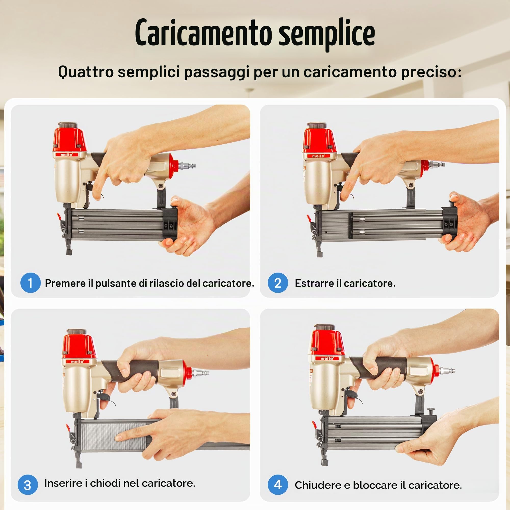 meite F50C - Chiodatrice pneumatica con naso di sicurezza, calibro 18, pistola per chiodi di finitura piccola per lavori di taglio, chiodi infiammabili calibro 18 da 15 mm a 50 mm
