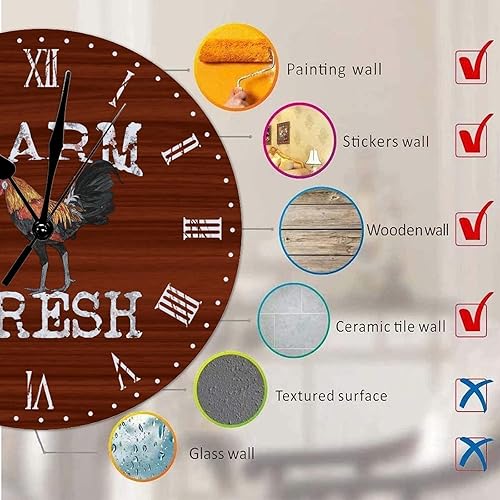 Miniatura 7 de Reloj de pared redondo de madera de estilo rústico retro gallo de animales de granja reloj de números romanos de madera silencioso sin tictac