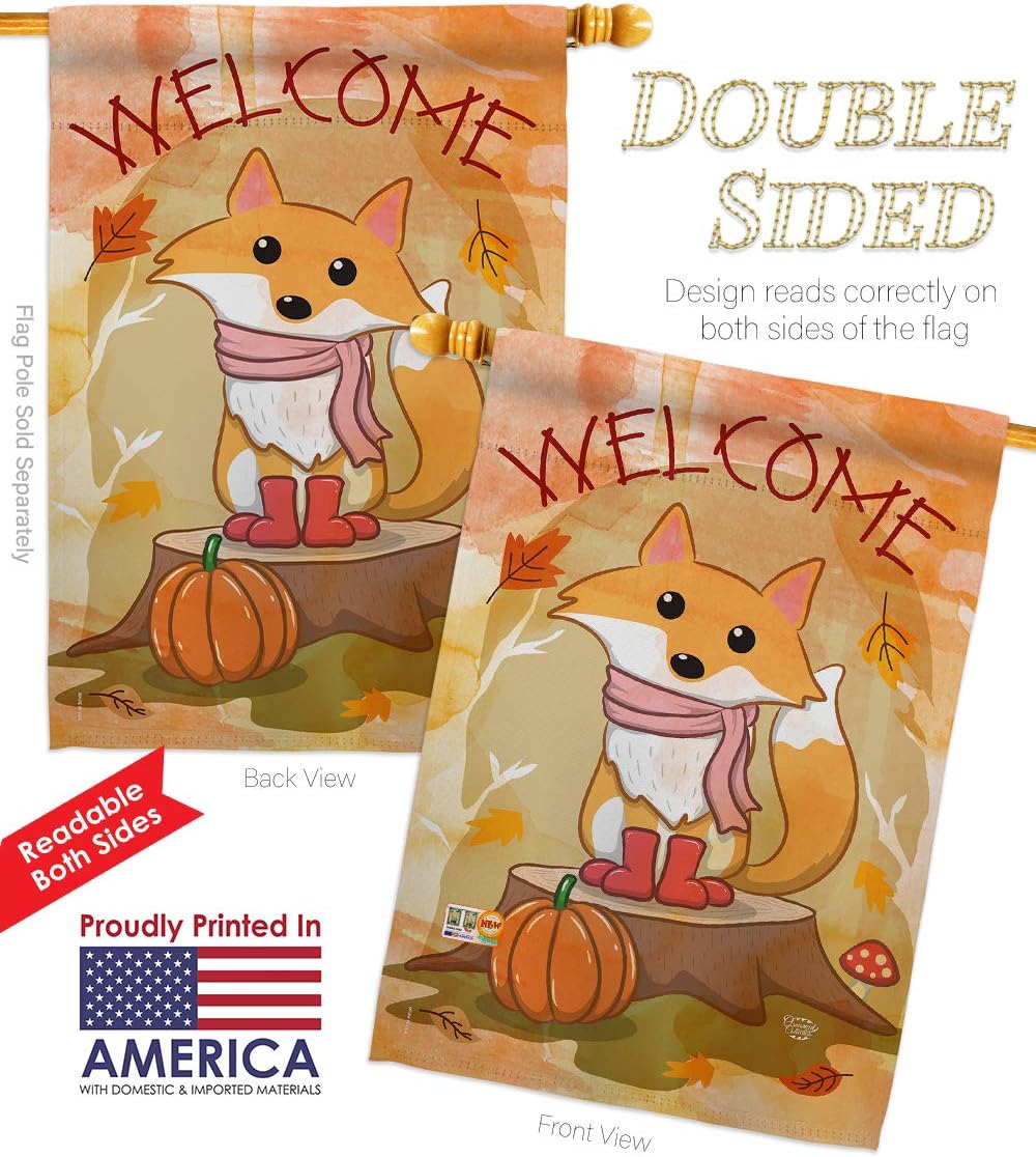 Welcome Fall Foxy House Flag Falltime Harvest Autumn Scarecrow Pumkins Sunflower Leaves Season Autumntime Gathering Small Decorative Gift Yard Banner Double-Sided Made In USA 28 X 40