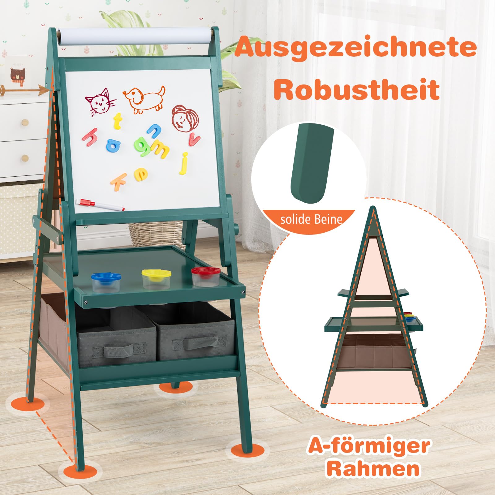 DREAMADE 3 in 1 Kinder Staffelei, doppelseitige Staffelei mit magnetischem Whiteboard, Kreidetafel, Papierrolle, 4 Farbbechern & 2 Stoffboxen, Kunststaffelei für Kinder ab 3 Jahre (Dunkelgrün)