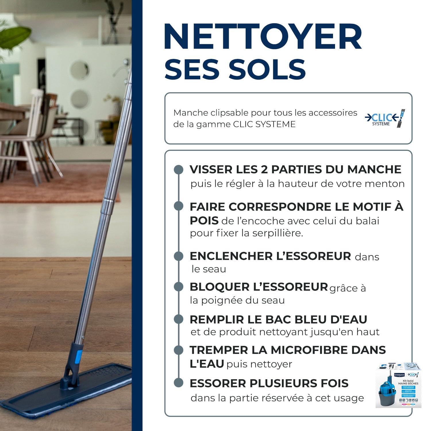STARWAX Kit Balai Mains sèches Clic système | Tête rotative 360°, séparateur eau propre et eau sale, évite de se baisser, seau gradué 10L, microfibre lavable en machine