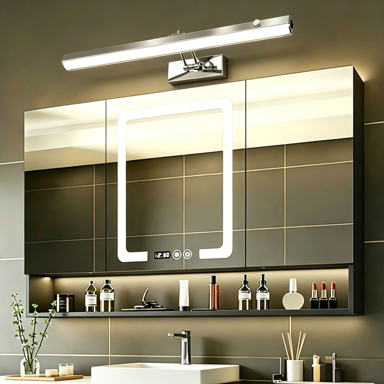 Espejo Baño LED Apliques de Pared con Interruptor Lámpara de Pared con Sensor de Movimiento Iluminación de Pared USB Recargable para Maquillaje Baño Dormitorios (Negro-Luz Cálida,42cm)