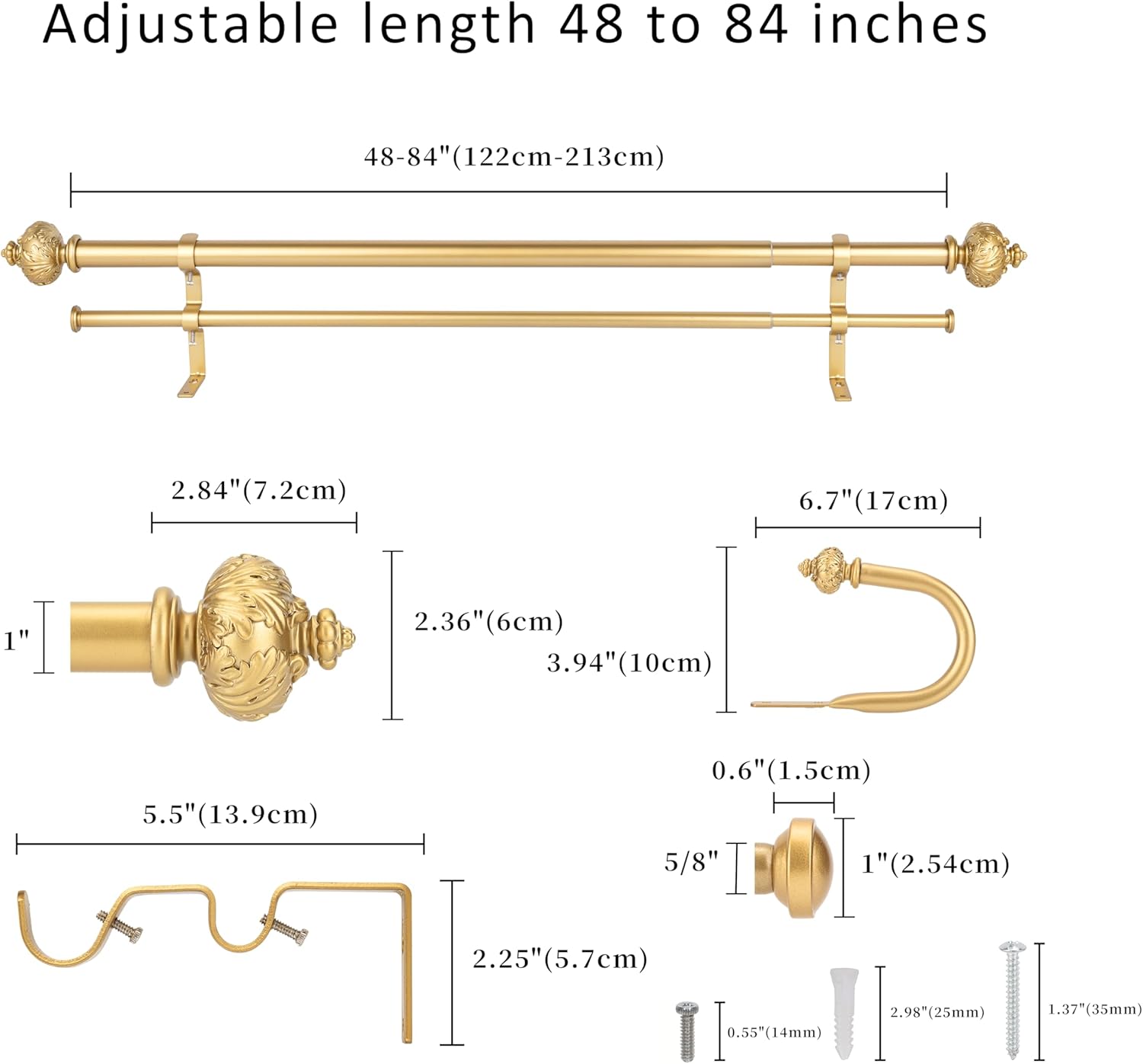 1" Double Curtain Rod with Albert Finials and holdbacks,Gold,48‘’-84‘’