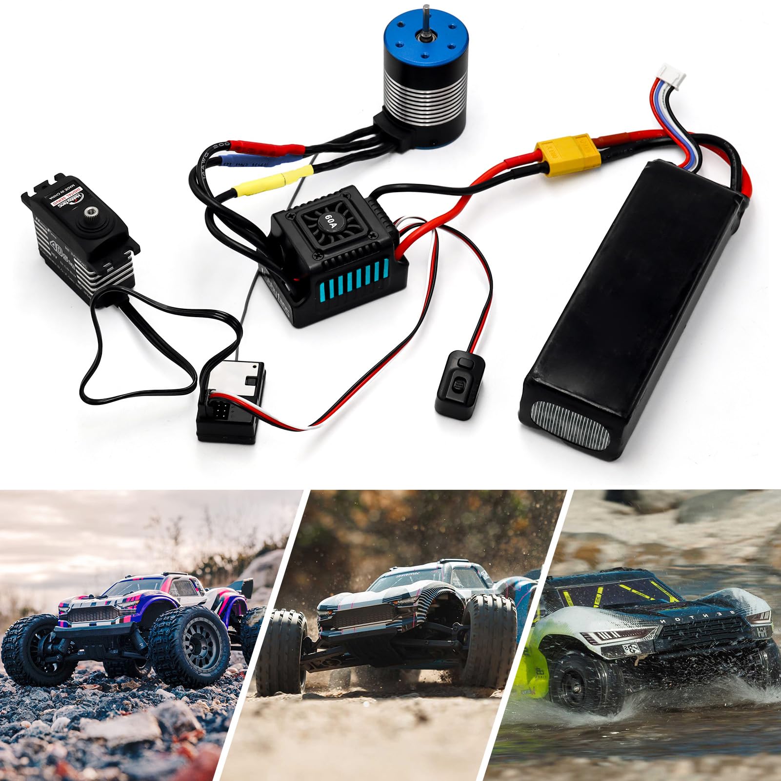 Controlador de velocidad electrónico ESC 2-3S sin escobillas de 60 A, impermeable, ESC para control remoto 1/10 de coche y camión (azul)