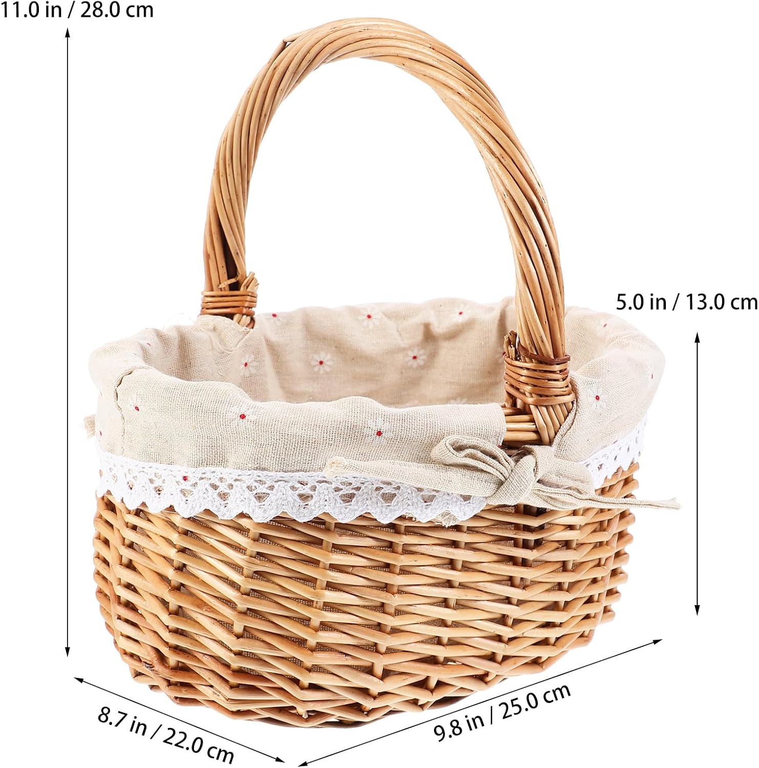 2 Pack Wicker Basket with Handle: 11. 00x9. 82x8. 65 Inch Wicker Picnic Basket with Liner - Garden Harvest Storage for Easter Egg Gathering Candy Toys Wedding