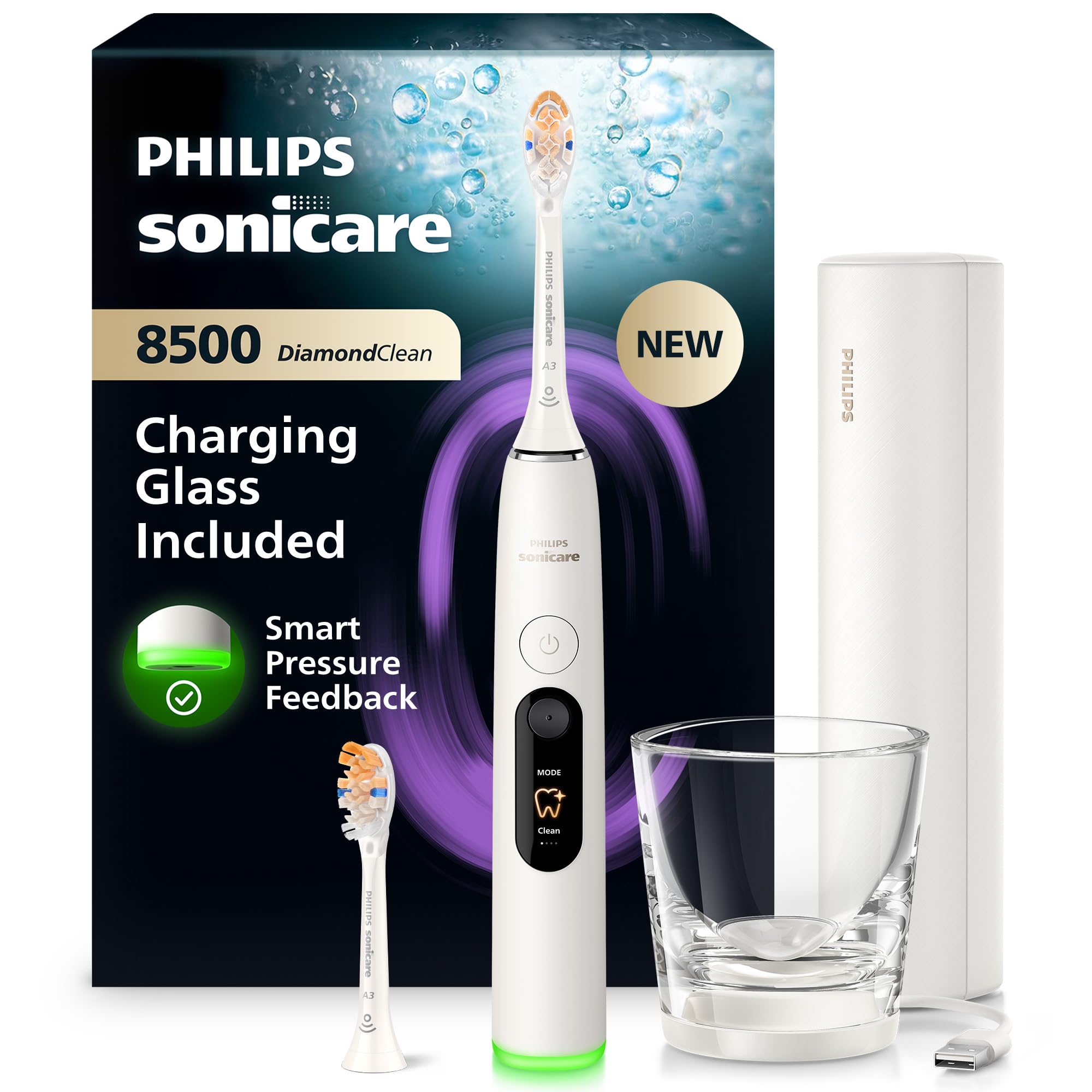 Philips Sonicare Next-Generation DiamondClean 8500 Sonic Electric Toothbrush − with Smart Pressure Feedback, and 18 Settings, Powder White, HX8514/11