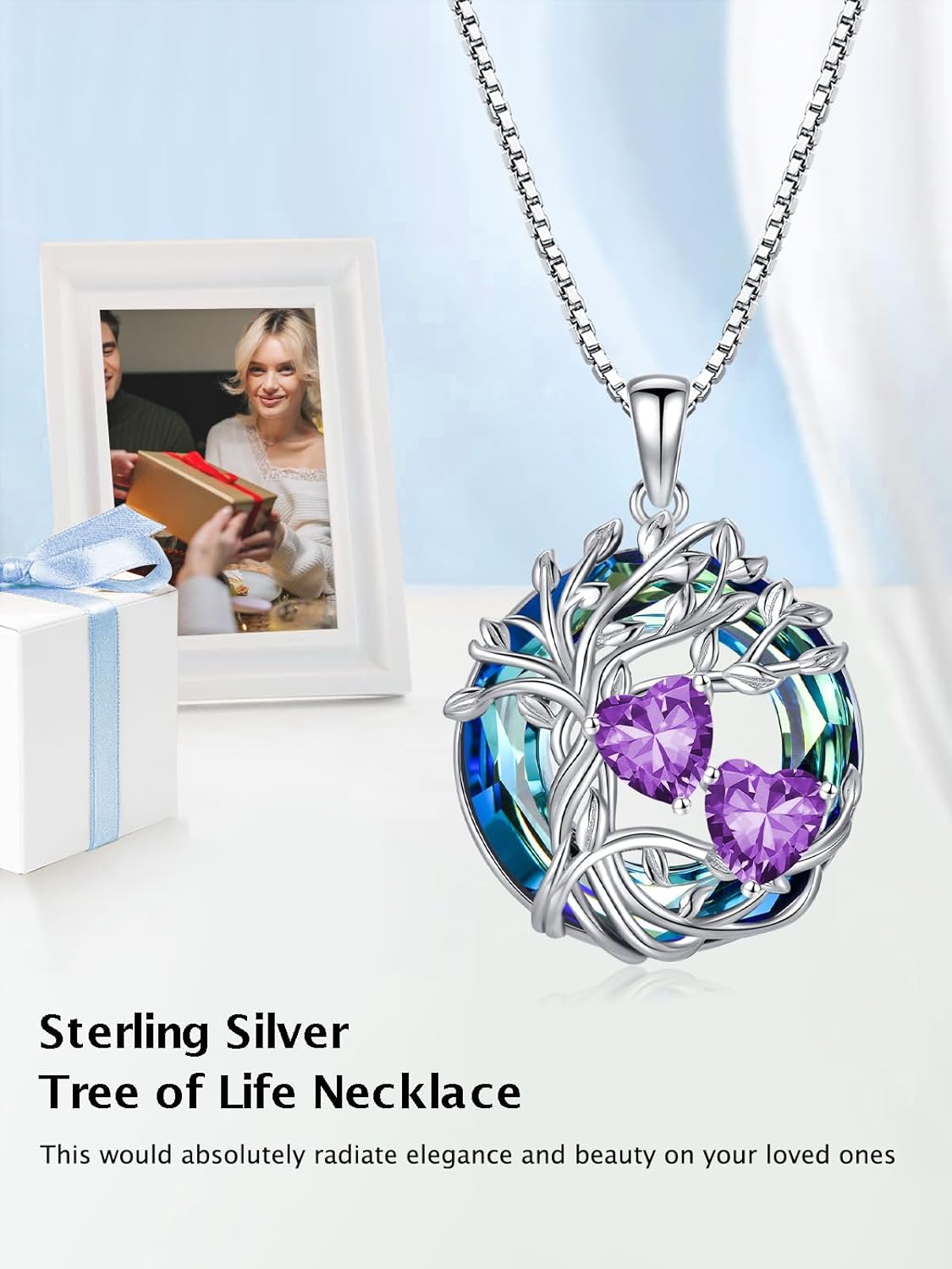 TOUPOP s925 Sterling Silver Family Celtic Tree of Life Pendant Necklaces with 2 Heart Birthstone with Blue Austrian Crystal Jewelry Birthday Valentines Day Gifts for Her, Anniversary Christmas Gifts for Wife Girlfriend Mom (18K Real White Gold Filled) - Image 3