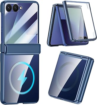 for Samsung Galaxy Z Flip 7 2025 Magnetic Case, Clear Phone Case with Magsafe Accessories, Screen Protector, Hinge Cover, Anti-Yellow, Full-Body Slim Thin Blue Case