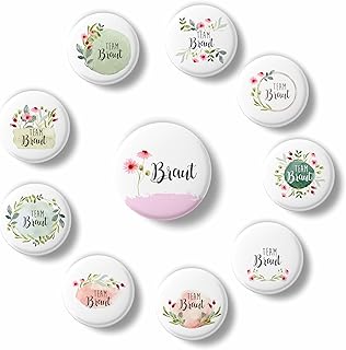 Team Braut Buttons – 10er Set für JGA | Anstecker mit Blumenmotiv | 1 Braut Button & 9 Team Buttons | Junggesellinnenabschied Accessoire