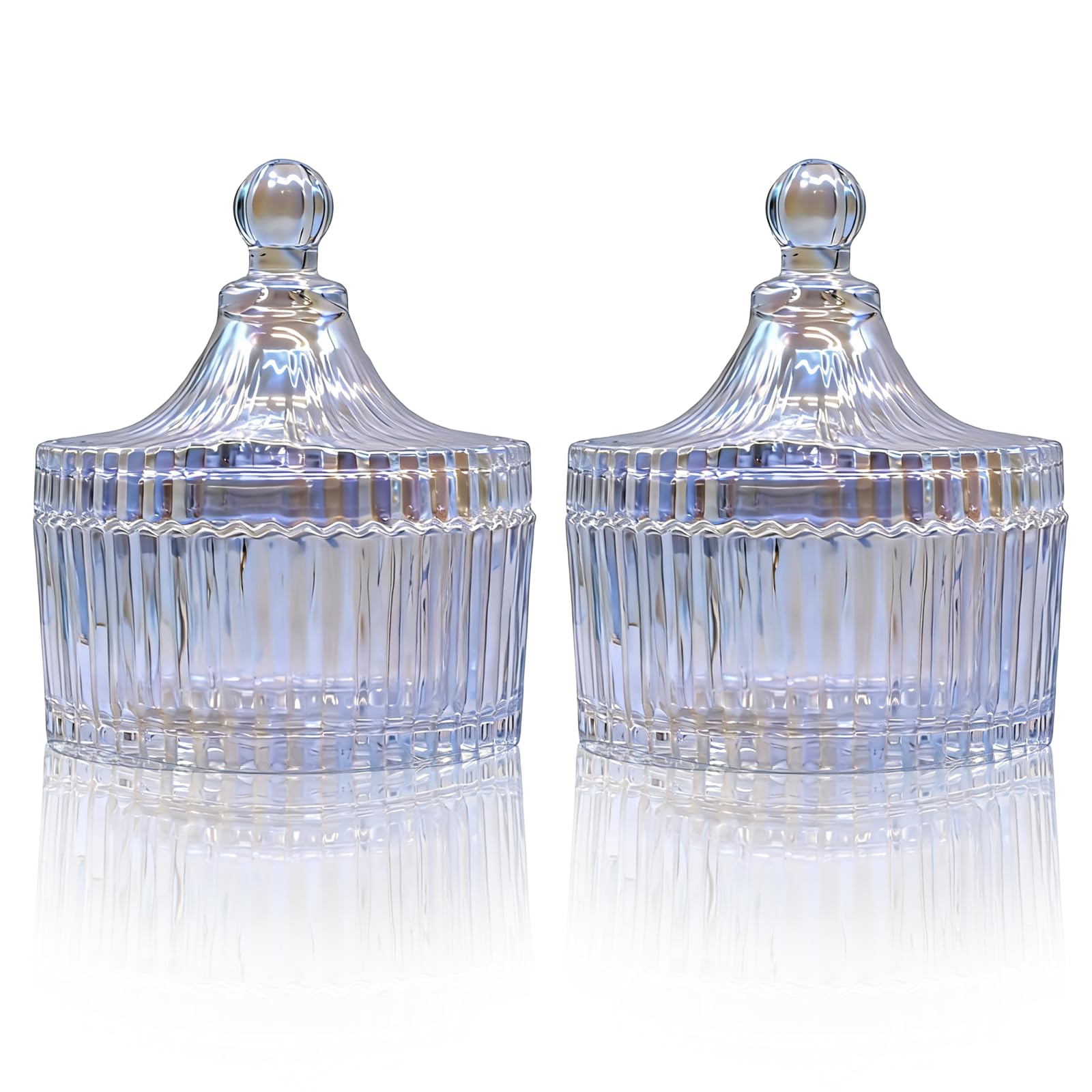 Toolzia 2 Pcs Glass Candy Jars With Lids, Crystal Covered Tent-Shaped Storage Containers For Sweets, Jewelry, Snacks, Decorative Apothecary Jars (Iridescent)