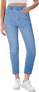 Slim Straight Leg Jeans for Women Cropped High Waisted Pull On Elastic Waist Stretchy Denim Pants Trouser Jeans