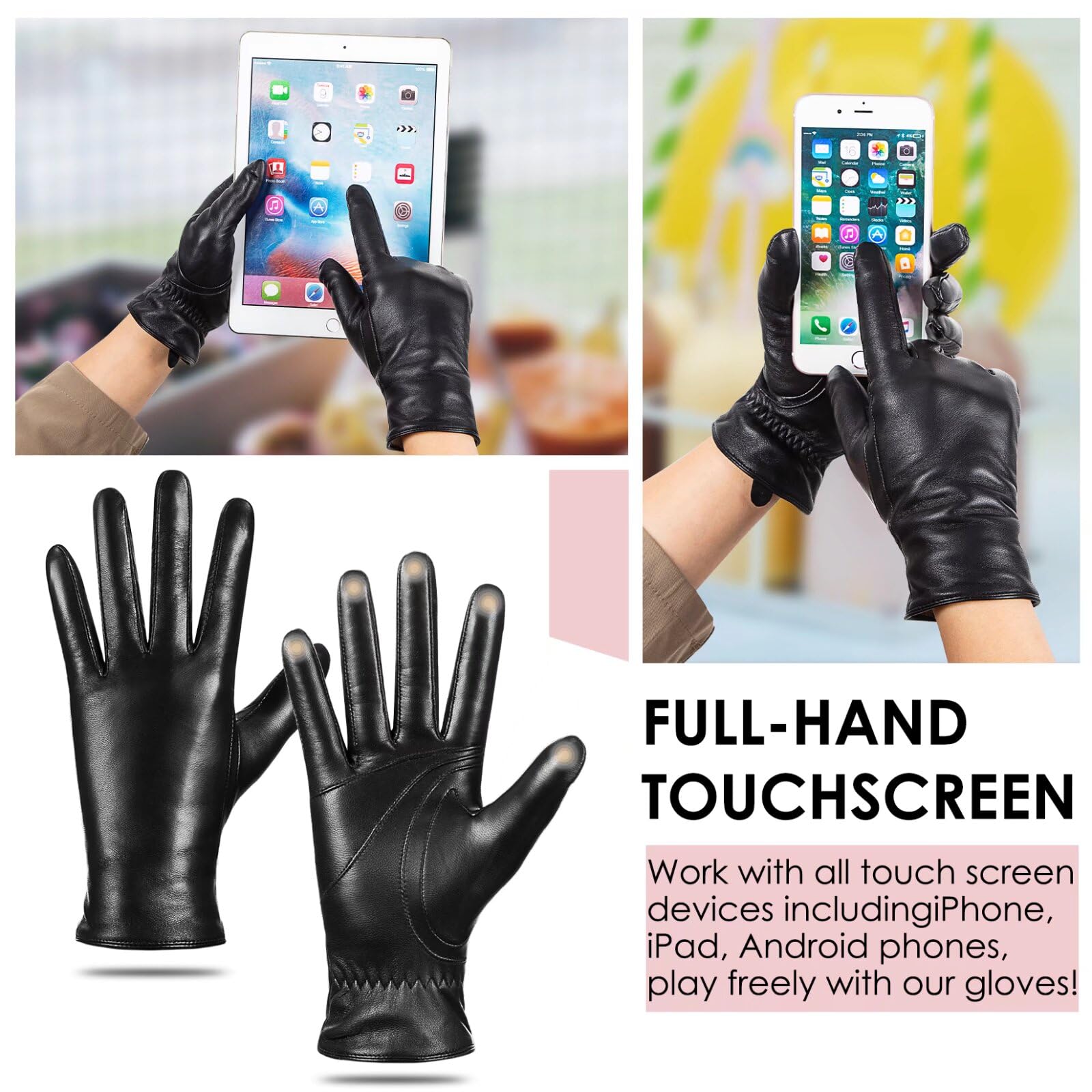 Guantes de piel de oveja de invierno para mujer, moda para conducir, pantalla táctil, con forro térmico de cachemira