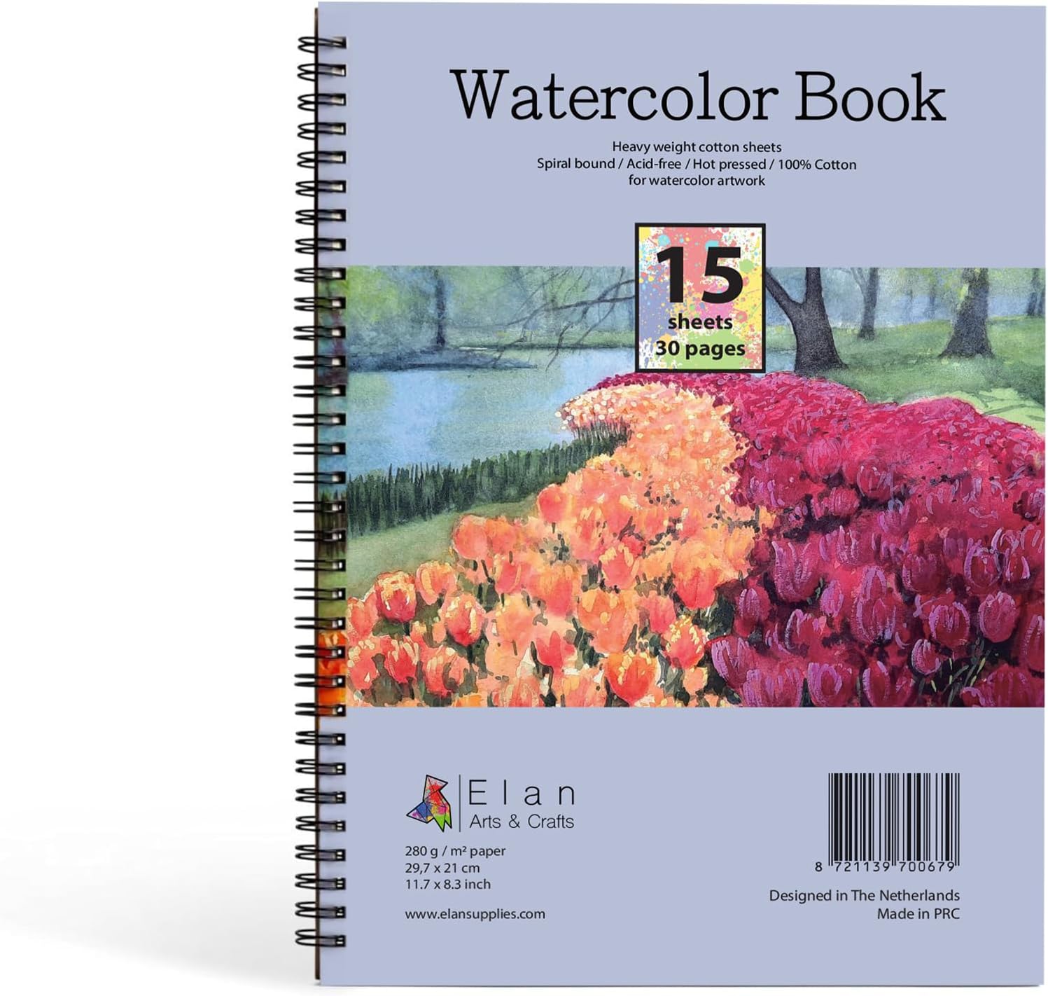 Elan Watercolor Book A4, Italian 100% Cotton Watercolor Paper, 15 Sheets 300gsm Paper, Watercolor Sketchbook A4, Cotton Paper for Painting 11.7x8.3”, Canvas Paper for Acrylic Paint, Paint Paper Pad