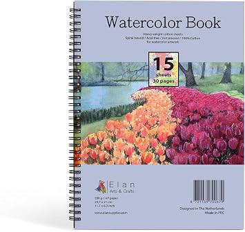 Elan Watercolor Book A4, Italian 100% Cotton Watercolor Paper, 15 Sheets 300gsm Paper, Watercolor Sketchbook A4, Cotton Paper for Painting 11.7x8.3, Canvas Paper for Acrylic Paint, Paint Paper Pad