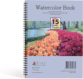 Elan Watercolor Book A4, Italian 100% Cotton Watercolor Paper, 15 Sheets 300gsm Paper, Watercolor Sketchbook A4, Cotton Paper for Painting 11.7x8.3”, Canvas Paper for Acrylic Paint, Paint Paper Pad
