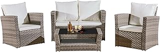 Rattan Garden Furniture Grey 4 Pieces Outdoor Patio Conversation Set with Patio Love Seats, Coffee Table,4 Seater Outdoor Table and Chairs