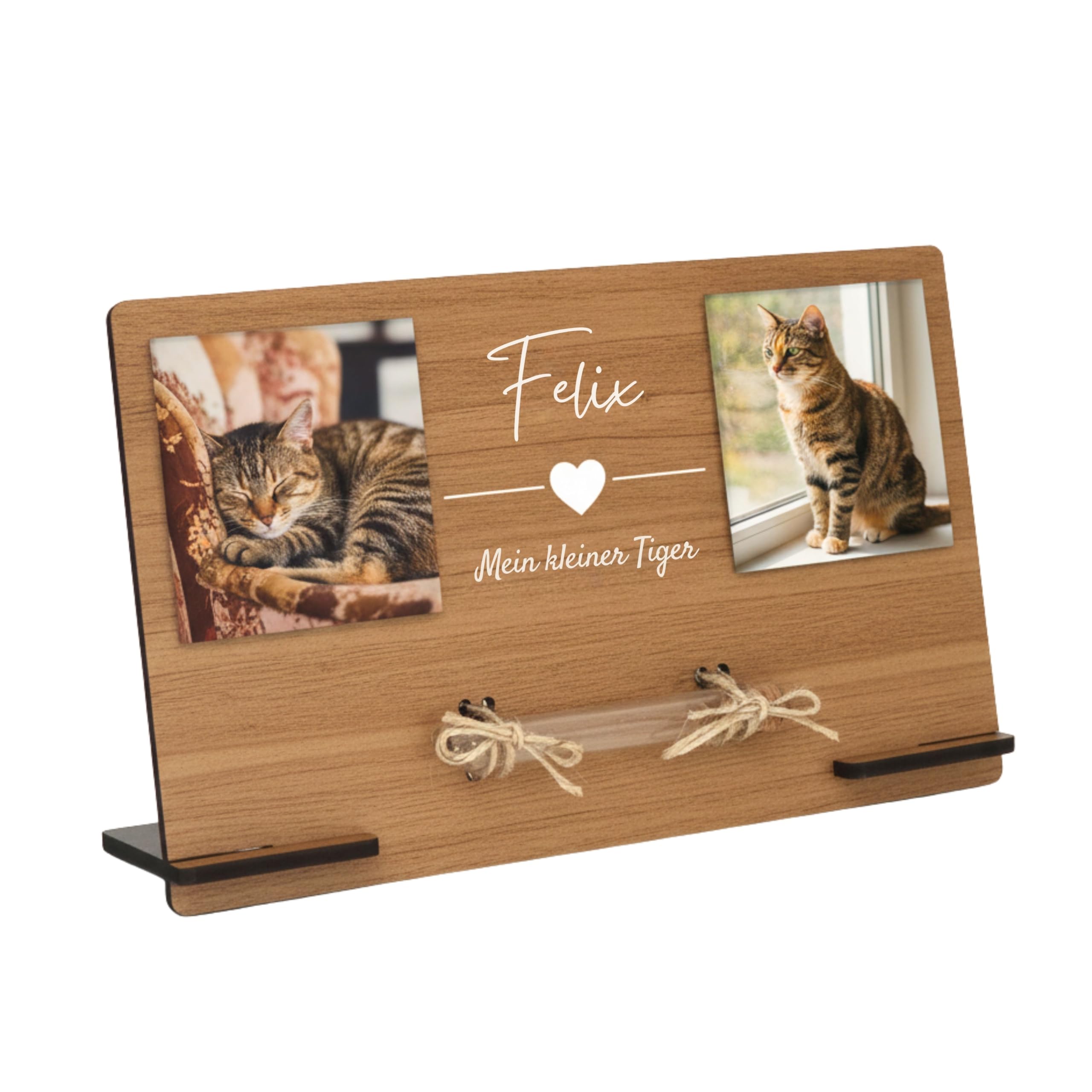CHRISCK design Andenken an verstorbene Katze - personalisierter Katzen Gedenkrahmen mit Fotos & Glasröhrchen für Katzenhaar oder Asche - Erinnerungsrahmen aus Holz - Gedenkstätte & Trauergeschenk