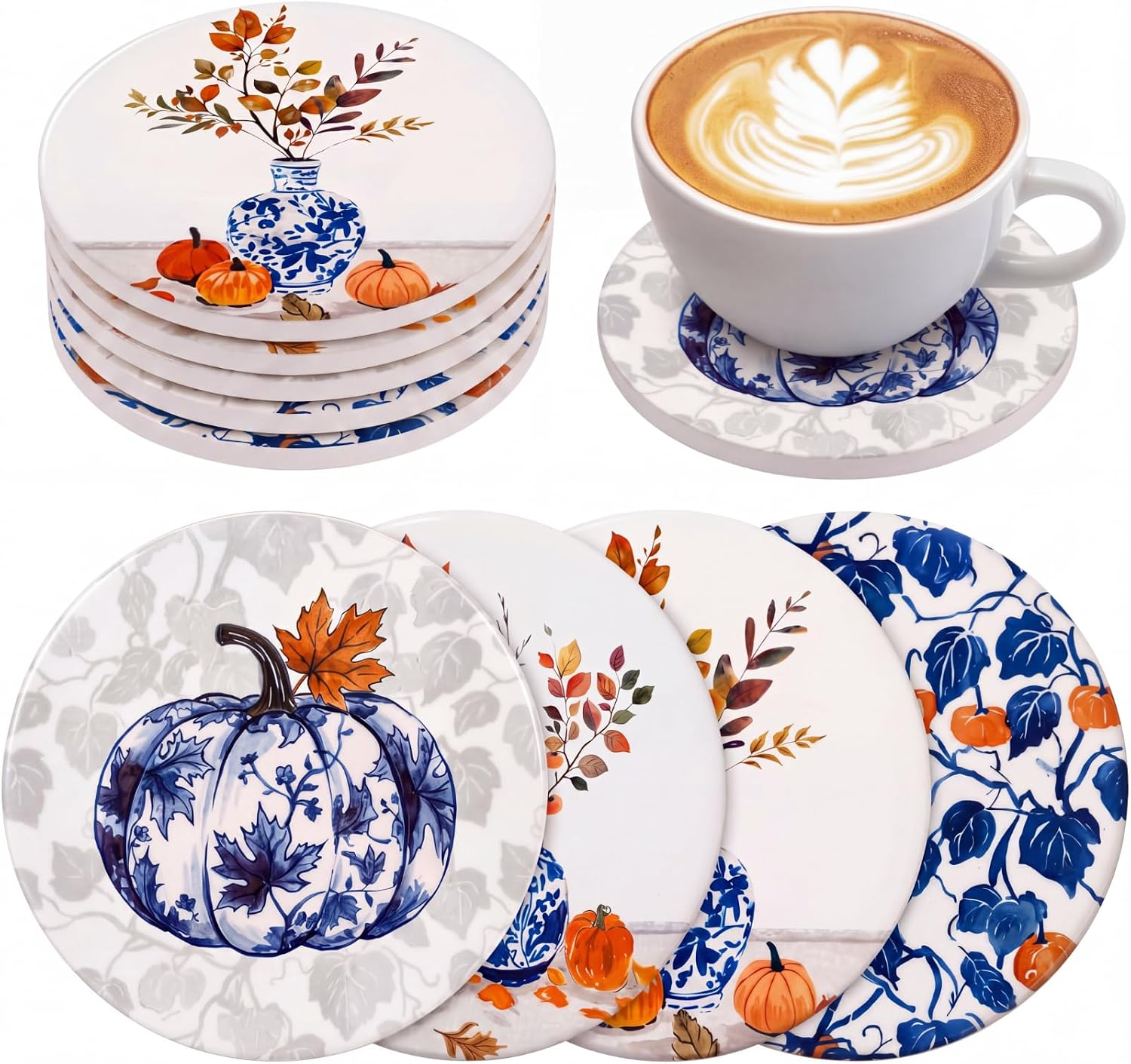 Hushee Fall Pumpkin Coasters Set of 4 Ceramic Blue Vase Chinoiserie Cup Mat