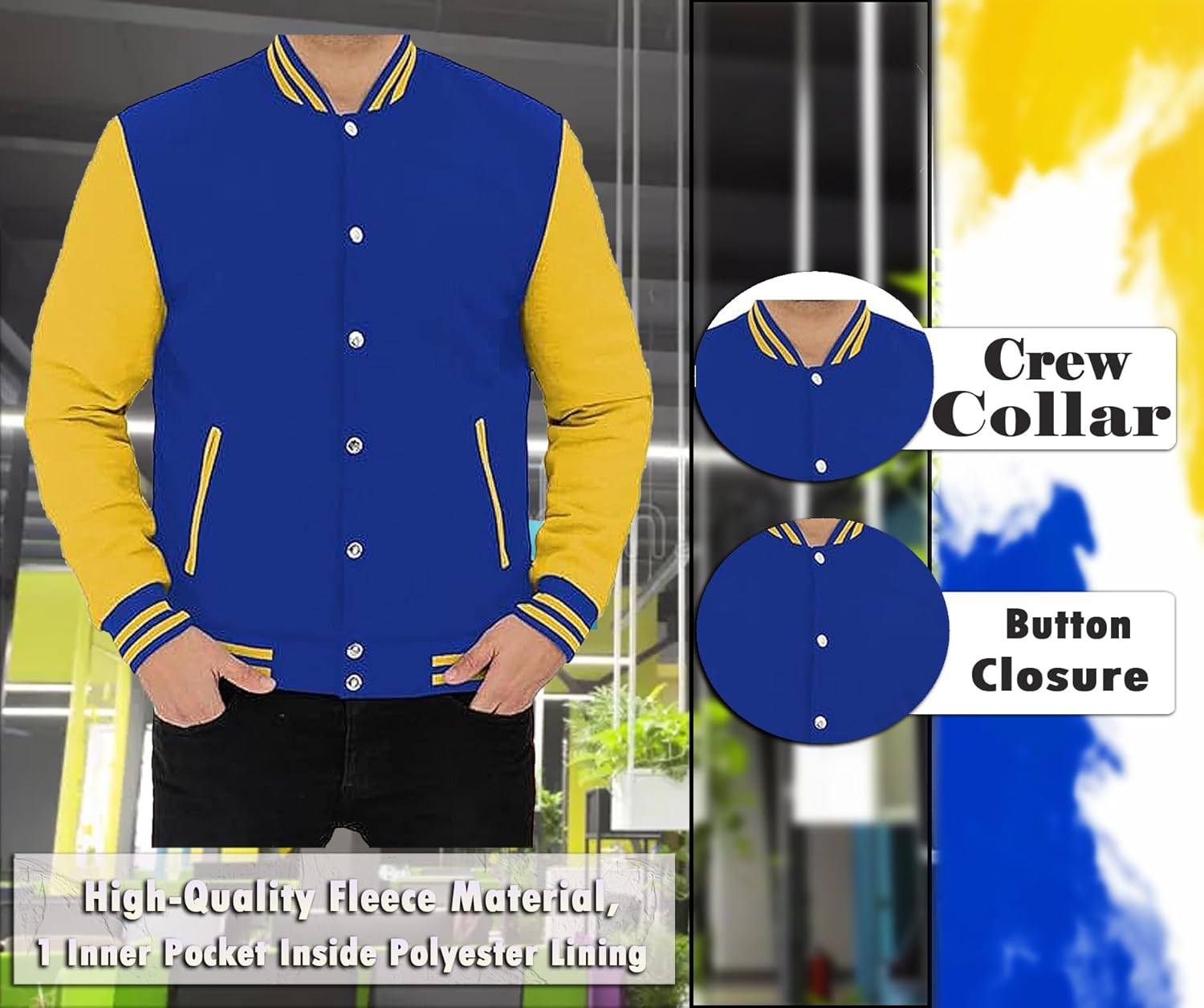 Zulin Royal and Yellow Baseball Jacket - Men's Varsity High School Bomber Jacket (2XL), Blue, XX-Large (Zn45)