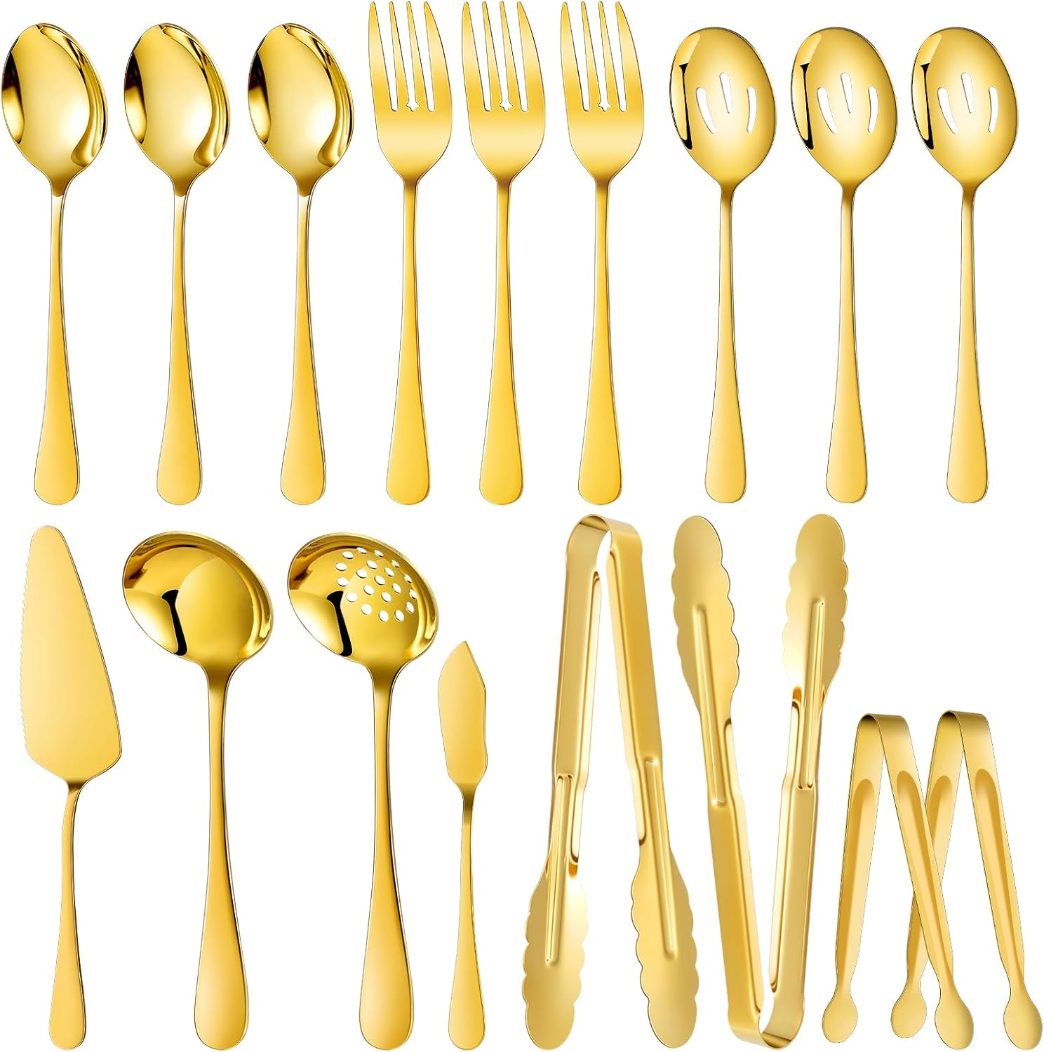 Mwellewm 17Pcs Serving Utensils, Gold Stainless Steel Large Serving Spoons, Slotted Spoon, Fork, Tongs, Cake Pie Server, Soup Spoon, Metal Buffet Banquet Cutlery Set for Parties Entertaining Catering Gold 17 Pcs