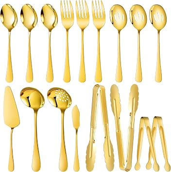 Mwellewm 17Pcs Serving Utensils, Gold Stainless Steel Serving Spoons, Slotted Spoon, Fork, Tongs, Cake Pie Server, Soup Spoon, Metal Buffet Banquet Cutlery Set for Parties Entertaining Catering